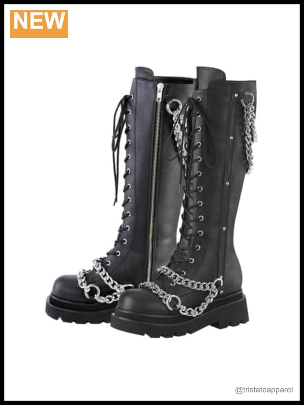 Knee High Platform Combat Boots with Chain - Punk Lace Up Zip Chunky Heel Goth
